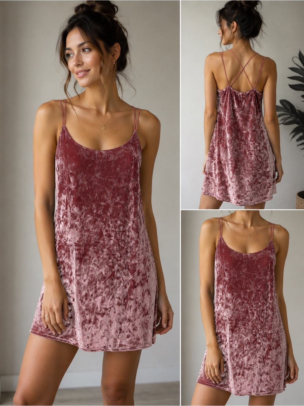 Pink Crushed Velvet Slip Dress | Crisscross Back | Size S